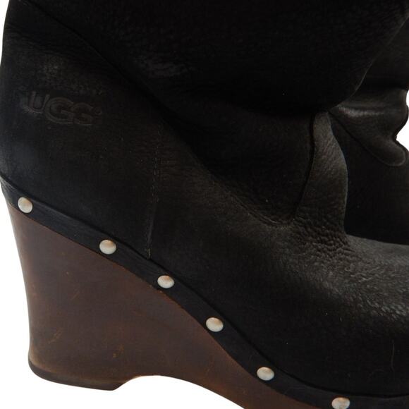 UGG Carnegie Leather Shearling Fold Down Wedge Clog Winter Boots Black Size 10 - Picture 4 of 12
